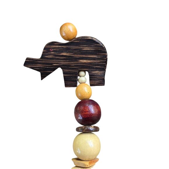 VTG 70s Boho Tribal Necklace Wood Beads Carved Elephant Pendant Earthy Artisan - Picture 7 of 14